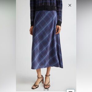 NWT Vince plaid satin slip skirt Blue M $398